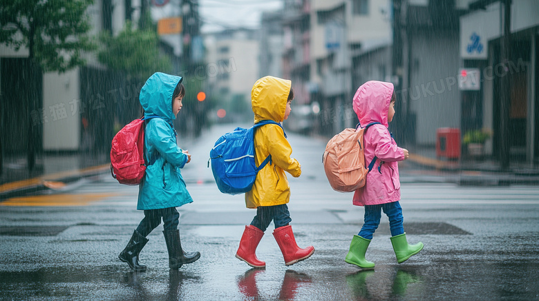 下雨天放学上学穿雨衣的学生图片