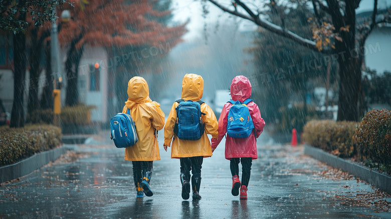 下雨天放学上学穿雨衣的学生图片