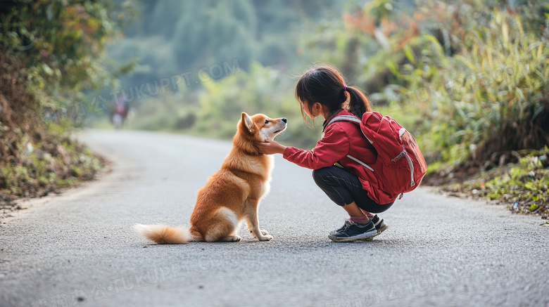 上学放学途中的农村小学生与狗狗