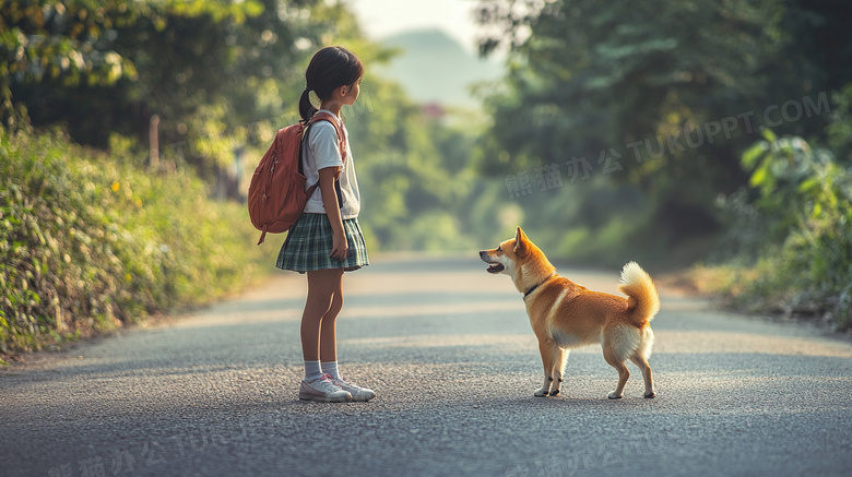 上学放学途中的农村小学生与狗狗