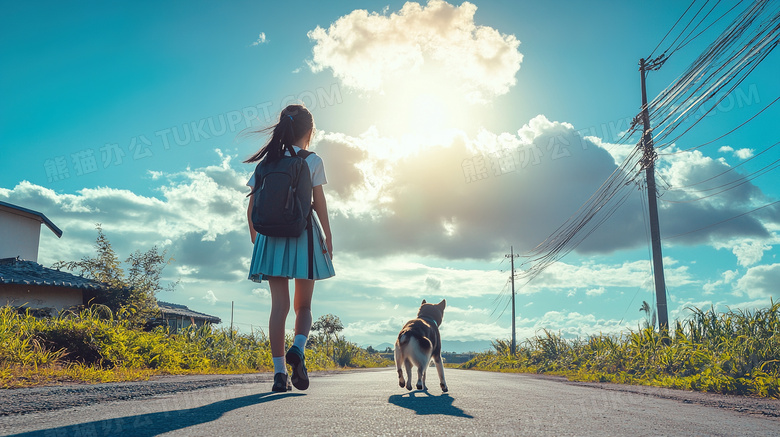 上学放学途中的农村小学生与狗狗