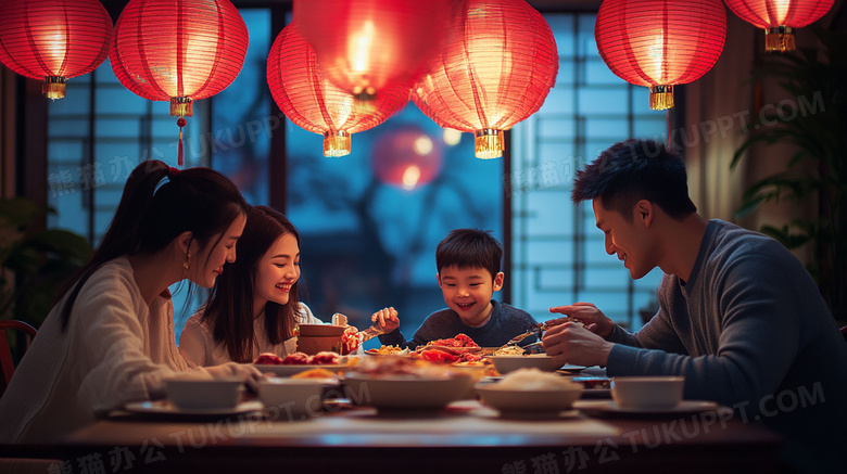 中国农历新年一家人吃年夜饭图片