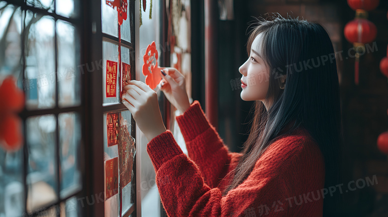 一个年轻的女孩在贴春联图片