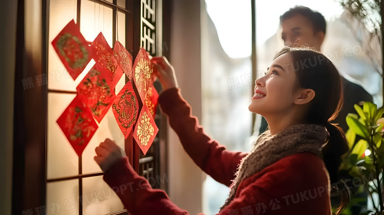 一个年轻的女孩在贴春联图片