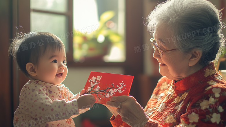 春节过年老人给孩子发红包图片