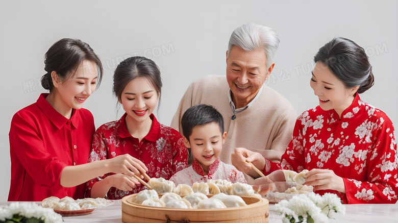 新年一家人在包饺子图片