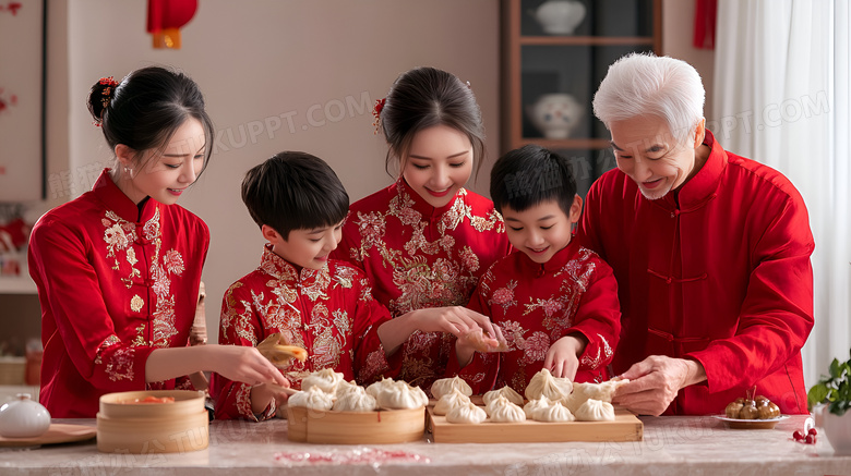 新年一家人在包饺子图片