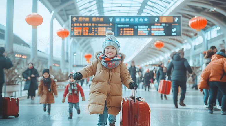 小孩在高铁站拍照春运图片