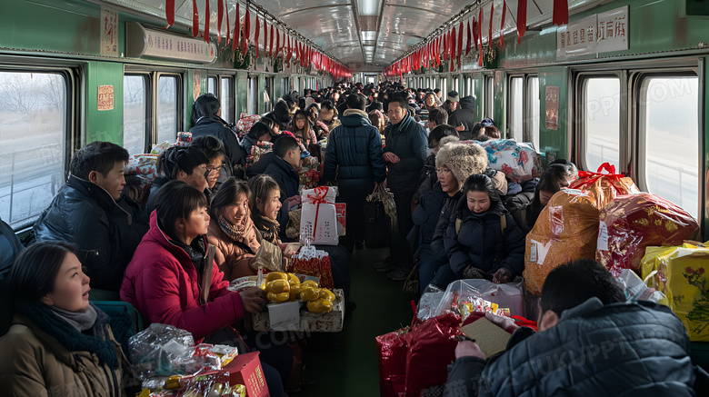 绿皮火车车厢内的返乡人员春运图片