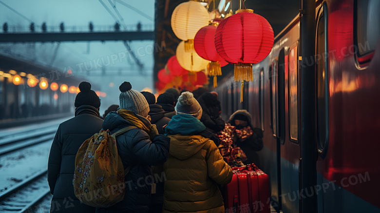 人们在火车站月台排队上车图片