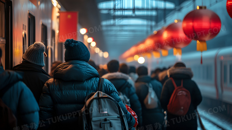 人们在火车站月台排队上车图片