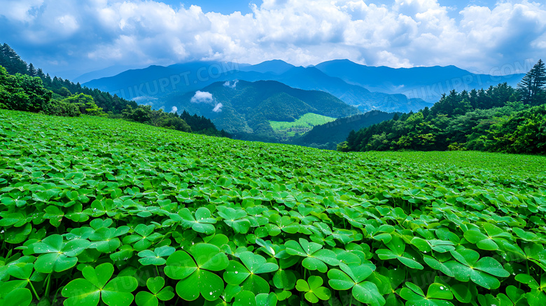 山下的四叶草草丛场景图片