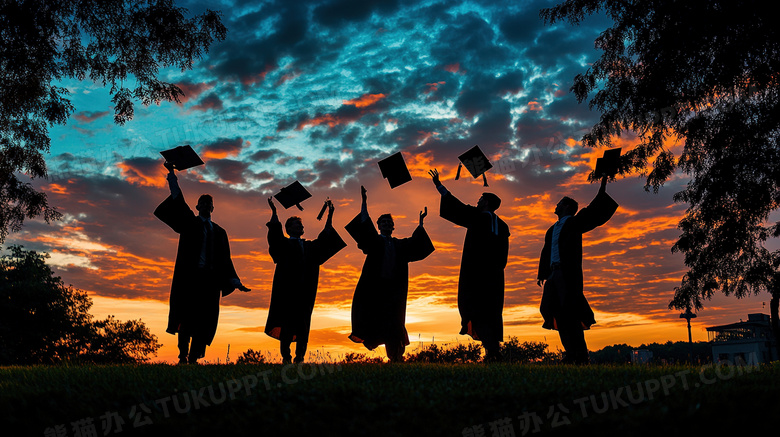 朝阳夕阳下毕业季大学生的剪影图片