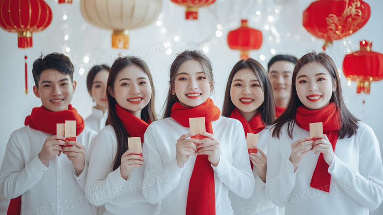 公司白领春节新年在一起拜年合照图片