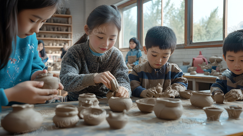 陶艺兴趣班里正在制作陶瓷的孩子图片