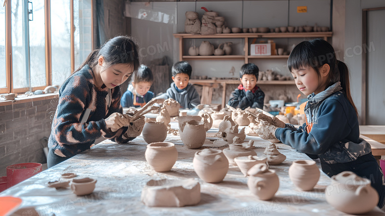 陶艺兴趣班里正在制作陶瓷的孩子图片