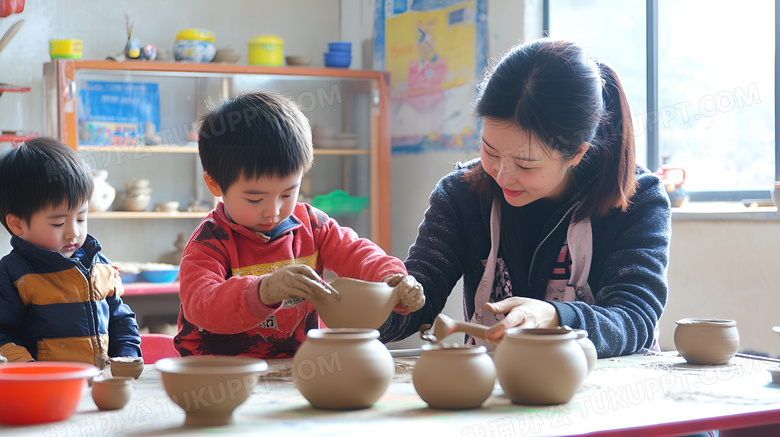 陶艺兴趣班里正在制作陶瓷的老师和孩子图片