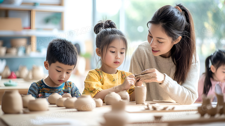 陶艺兴趣班里正在制作陶瓷的老师和孩子图片