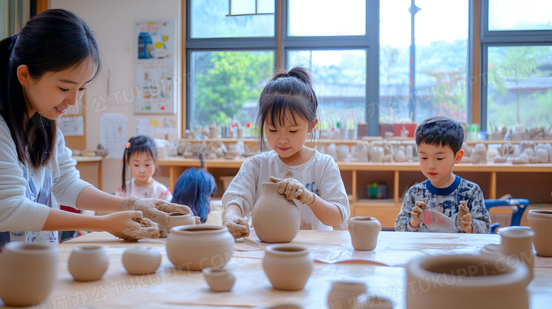 陶艺兴趣班里正在制作陶瓷的老师和孩子图片