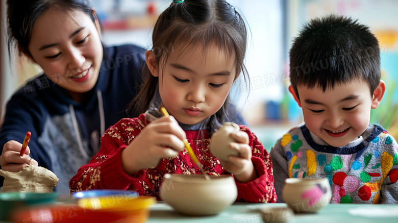 正在制作陶瓷的老师和孩子图片