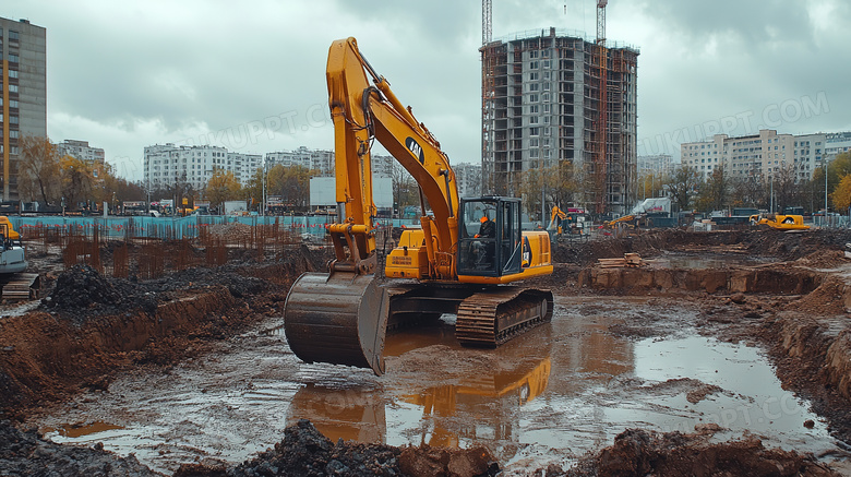 工程车挖掘机工地建筑物施工现场图片