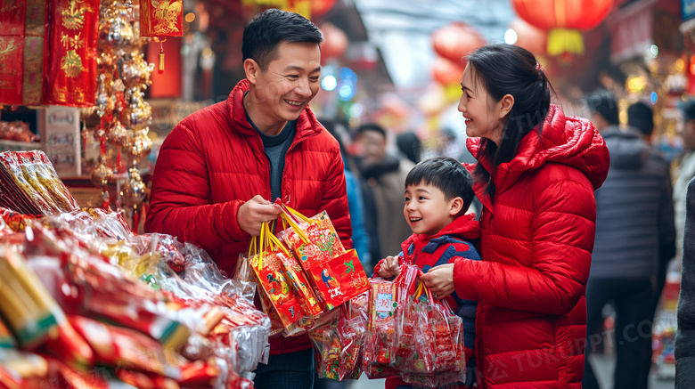 新年一家人办年货图片