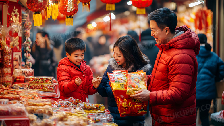 新年一家人办年货图片