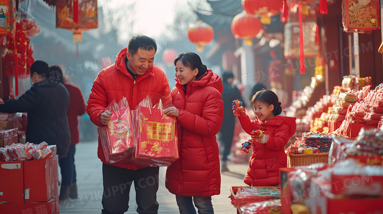 新年一家人办年货图片