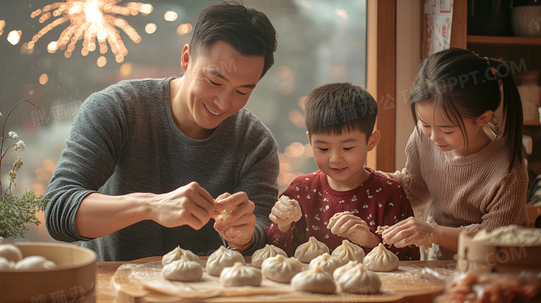 新年一家人包饺子图片