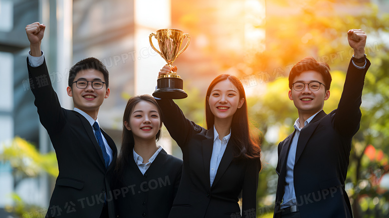 四个商务人士拿着奖杯庆祝图片