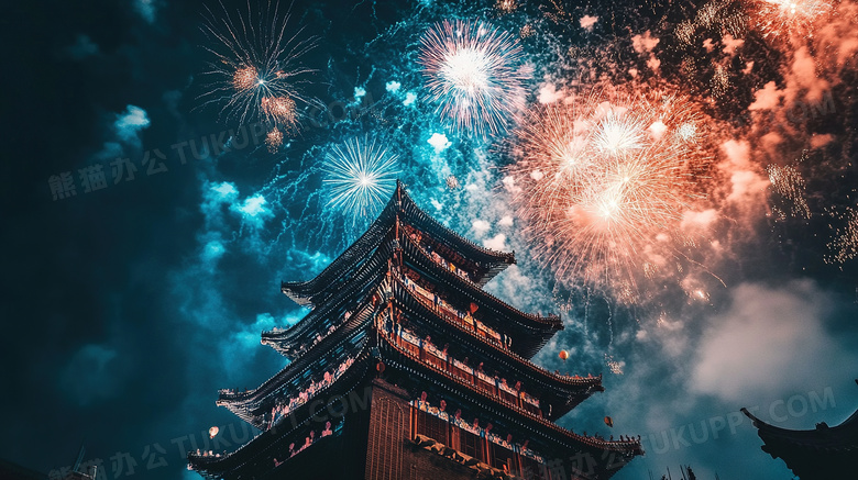 喜庆彩色烟花与古建筑图片