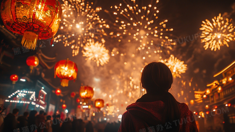 街上观看烟花的人剪影图片