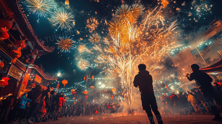 街上观看烟花的人剪影图片