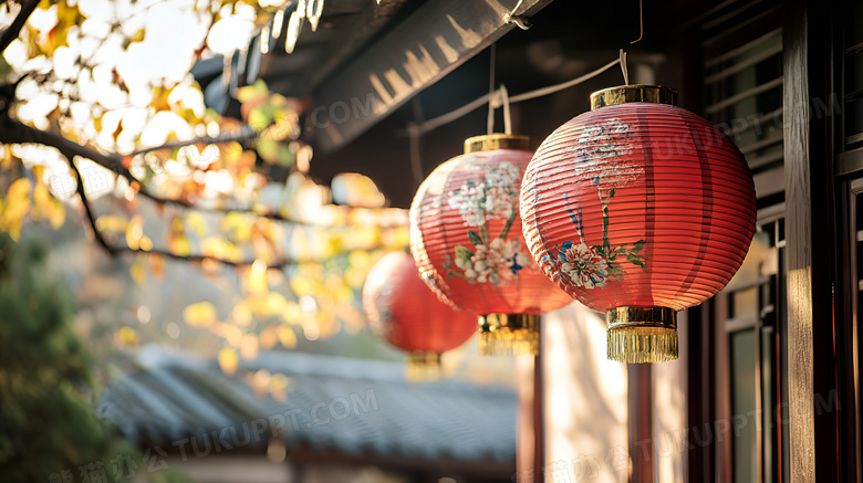 春节屋檐下的灯笼图片