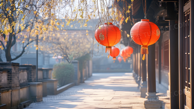 春节屋檐下的灯笼图片