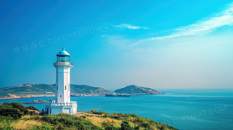 蓝天白云海边灯塔风景图片