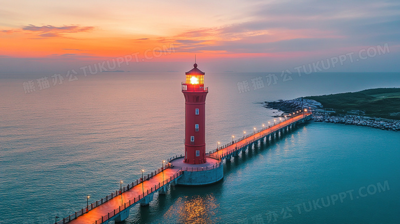 夕阳海边灯塔风景图片