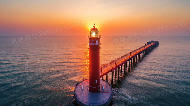 夕阳海边灯塔风景图片