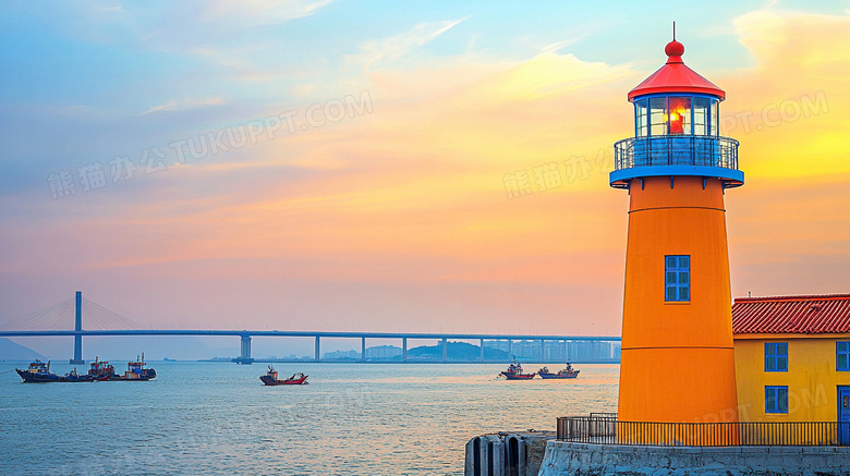 夕阳海边灯塔风景图片