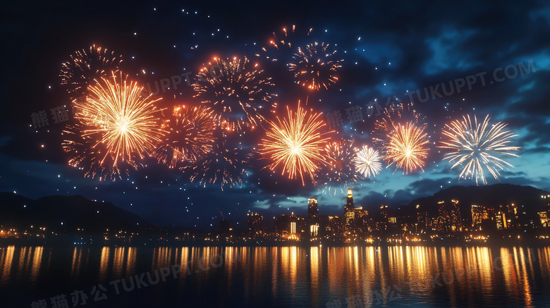 江边烟花夜景庆祝图片