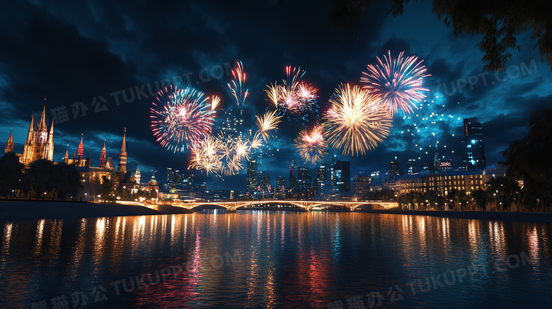 江边烟花夜景庆祝图片