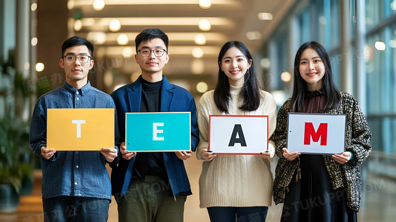 手拿TEAM字母牌的四个商务人士图片