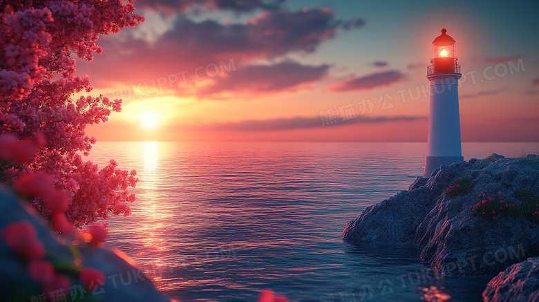 日落晚霞港口海岸灯塔图片