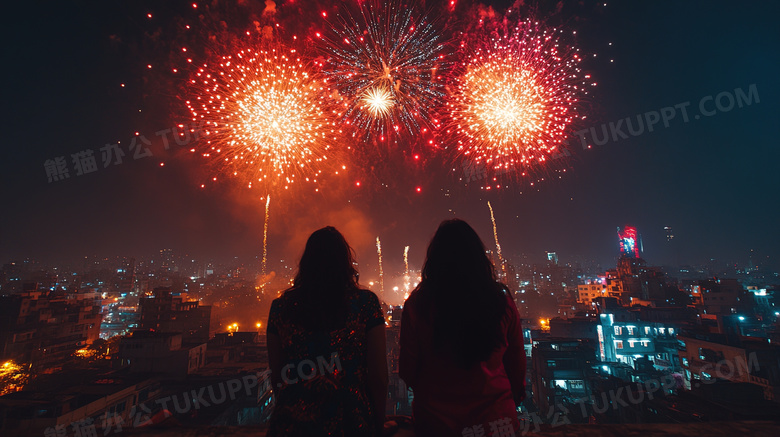 观看跨年绚丽多彩的烟花人物背影图片