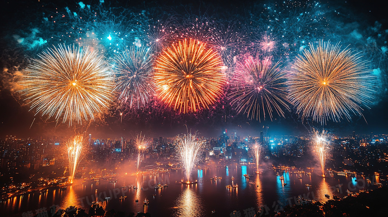 城市夜间空中绚丽多彩的烟花图片