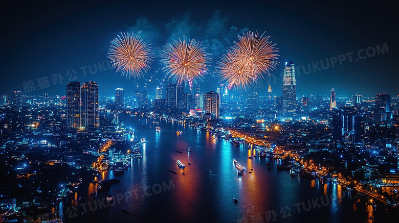 夜间城市高空绚丽多彩的烟花图片