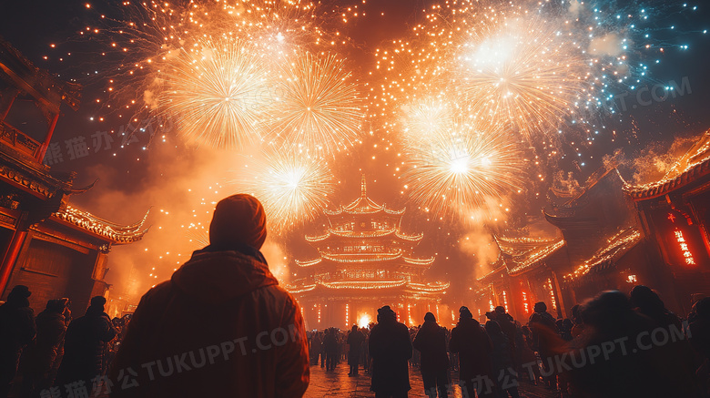 观看古城老建筑物上方绚丽多彩的烟花人物背影图片