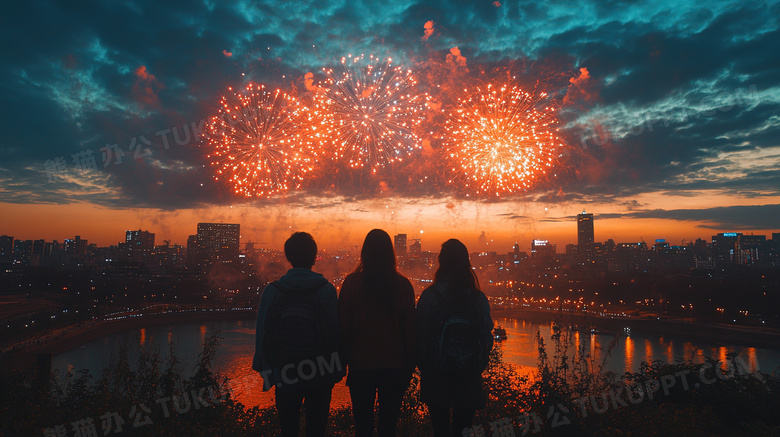 夜晚一家人观看的烟花图片