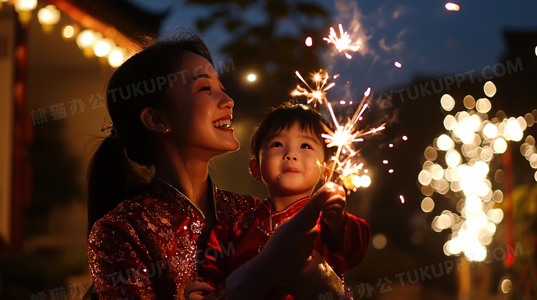 母亲和孩子一起放烟花图片