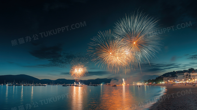 夜空中海岸边放烟花图片